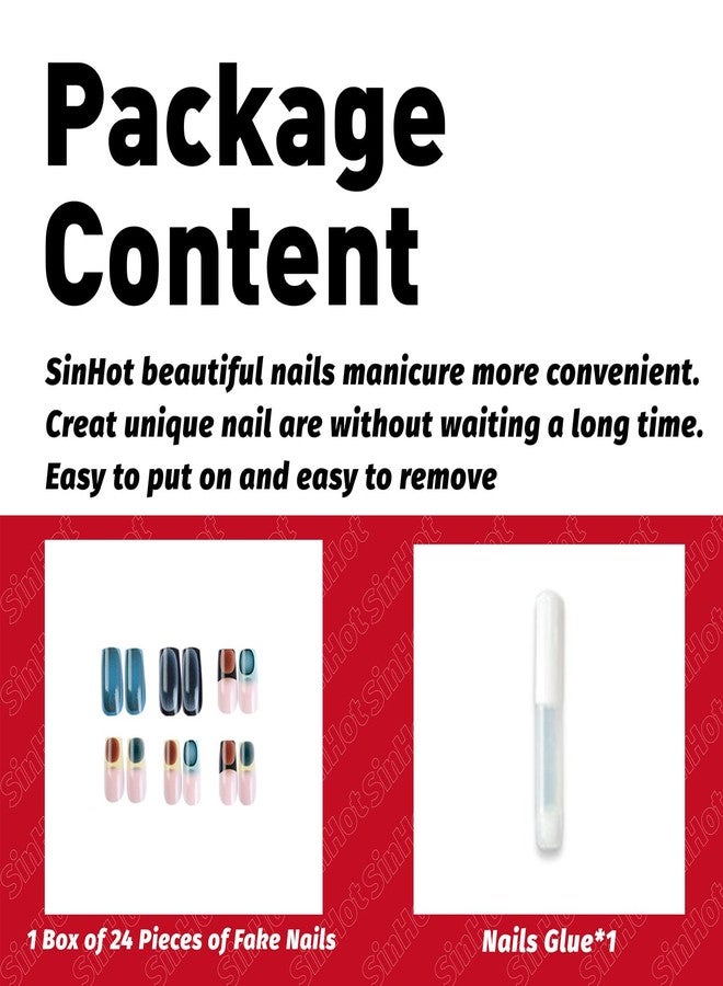 SINHOT French Tip Press on Nails Long Square Fake Nails Blue Chrome Acrylic Nails Glossy Glue on Nails Squoval Artificial Nails Stick on False Nails with Design 24 pcs - Image 5